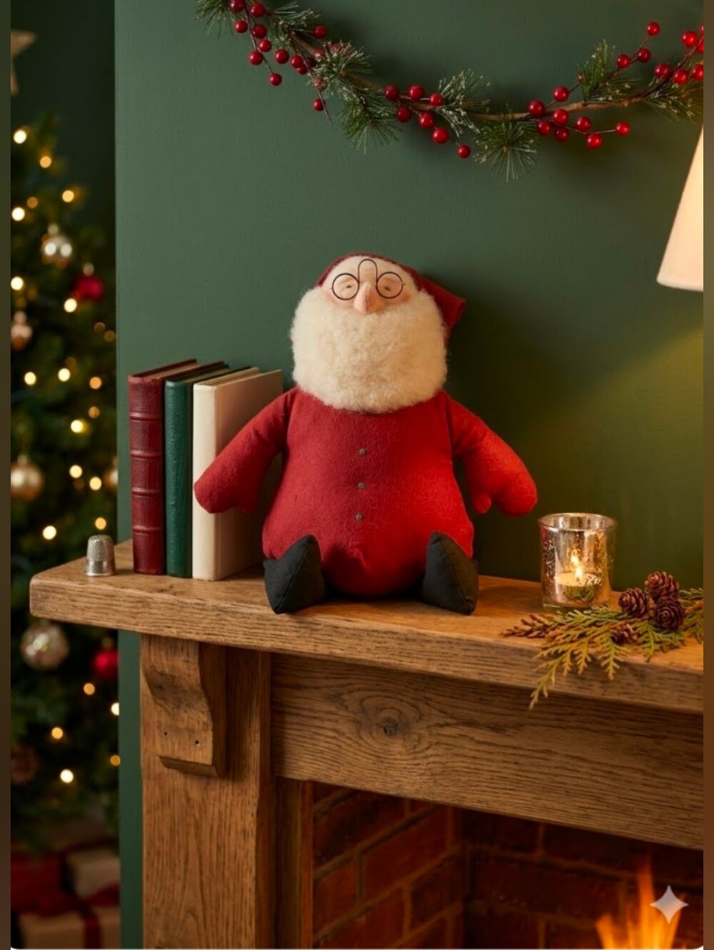 Primitive Stuffed Santa Claus With Spectacles Red and Cream Black Boots